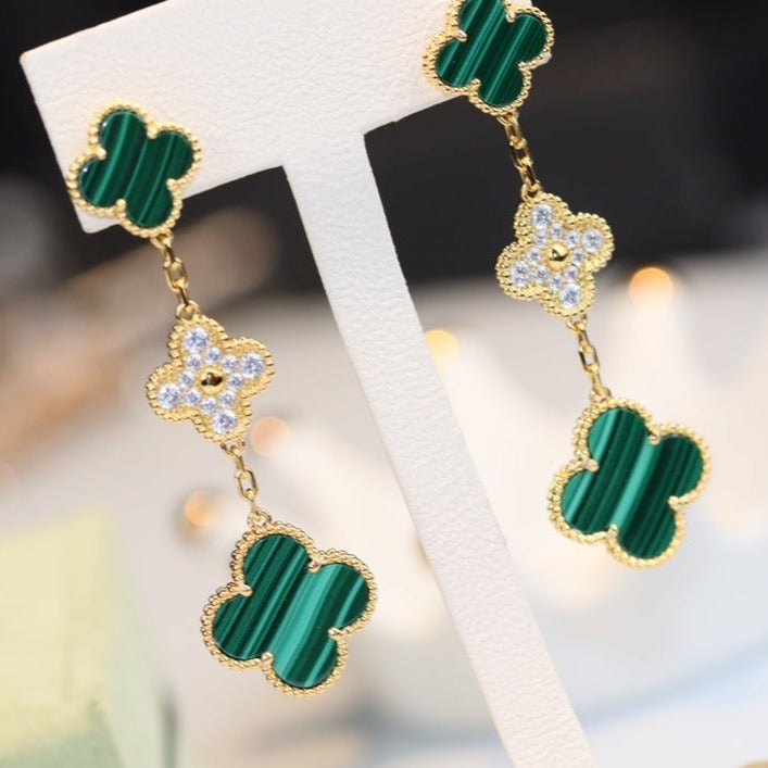 [Plus&Max]CLOVER EARRINGS GOLD MALACHITE DIAMOND 3 MOTIF