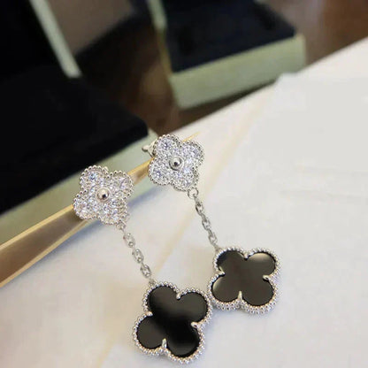 [Plus&Max]CLOVER 2 MOTIFS  DIAMOND ONYX EARRINGS SILVER