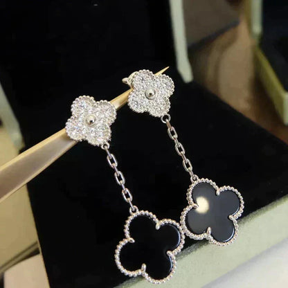 [Plus&Max]CLOVER 2 MOTIFS  DIAMOND ONYX EARRINGS SILVER