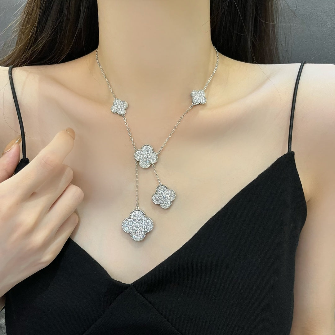 [Plus&Max]CLOVER 5 MOTIFS SILVER DIAMONDS NECKLACE