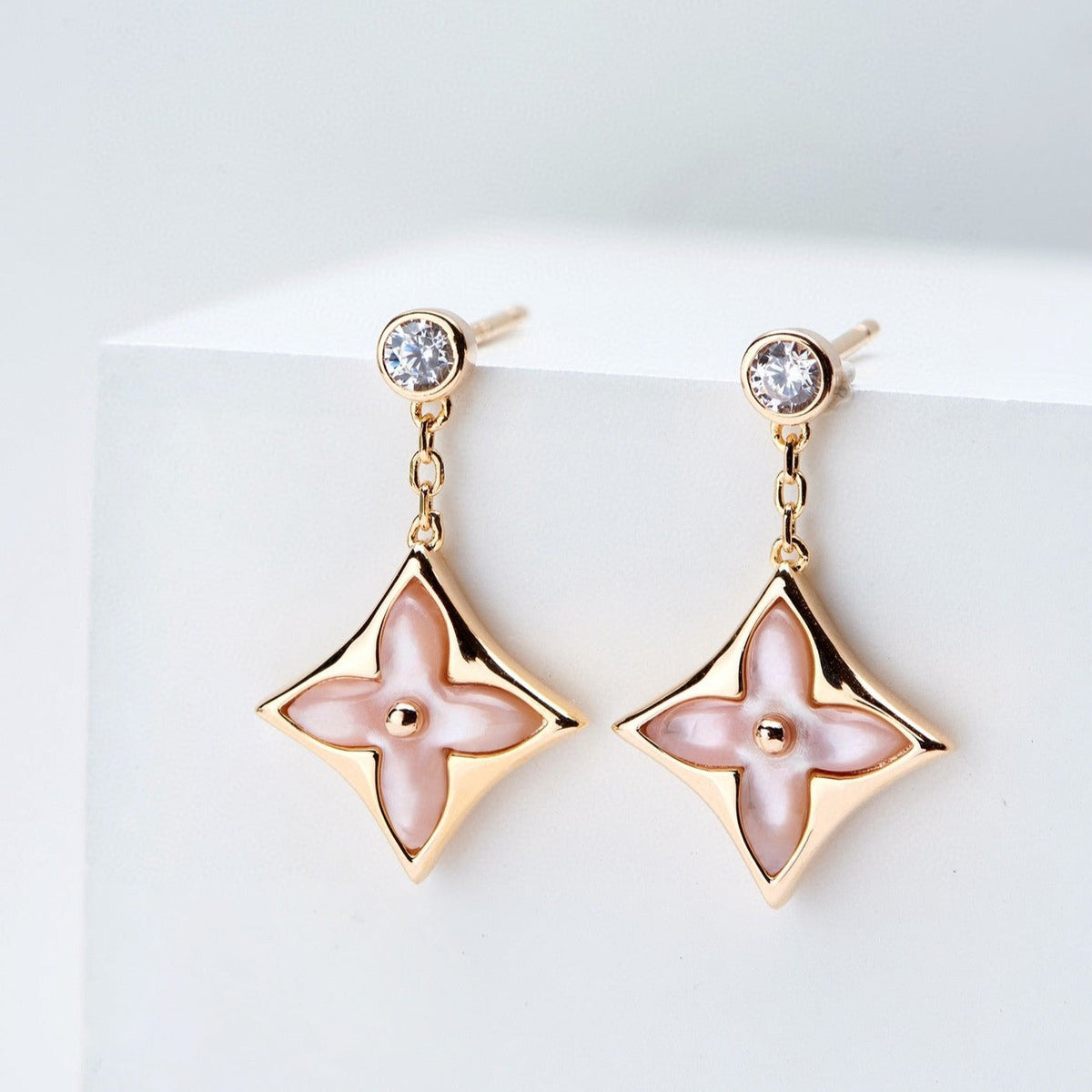 [Plus&Max]DOUBLE STAR PINK GOLD MOP DROP EARRINGS