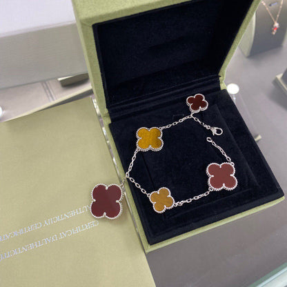 [Plus&Max]CLOVER 5 MOTIFS SIVLER CARNELIAN TIGER EYE BRACELET