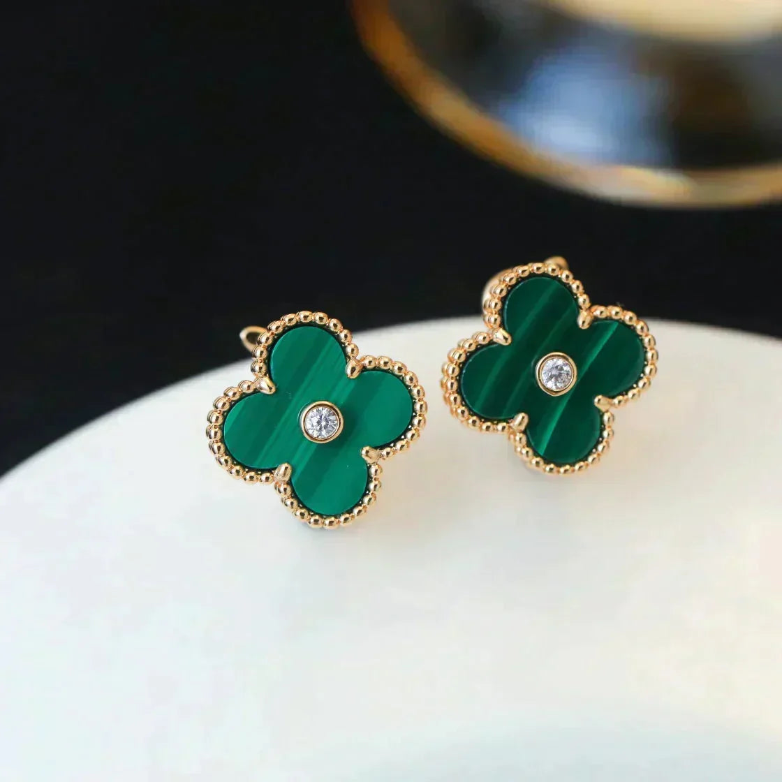 [Plus&Max]CLOVER MEDIUM 1 MOTIFS MALACHITE DIAMOND EARRINGS