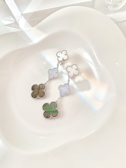 [Plus&Max]CLOVER 3 MOTIFS CHALCEDONY DARK MOP SILVER EARRINGS