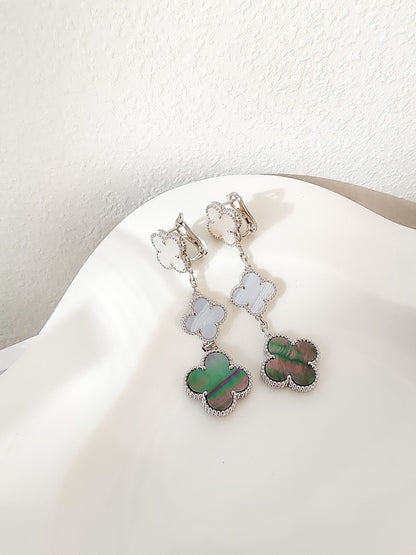 [Plus&Max]CLOVER 3 MOTIFS CHALCEDONY DARK MOP SILVER EARRINGS
