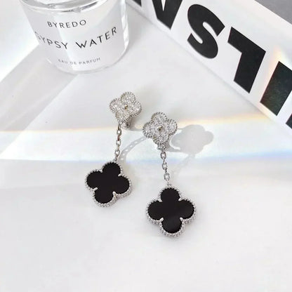 [Plus&Max]CLOVER 2 MOTIFS  DIAMOND ONYX EARRINGS SILVER