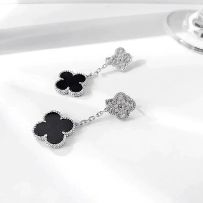 [Plus&Max]CLOVER 2 MOTIFS  DIAMOND ONYX EARRINGS SILVER