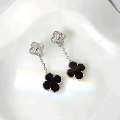 [Plus&Max]CLOVER 2 MOTIFS  DIAMOND ONYX EARRINGS SILVER