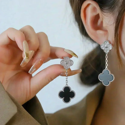 [Plus&Max]CLOVER 2 MOTIFS  DIAMOND ONYX EARRINGS SILVER
