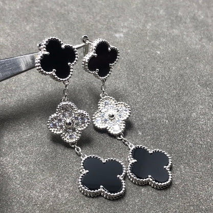[Plus&Max]CLOVER 3 MOTIF DIAMOND ONYX SILVER EARRINGS
