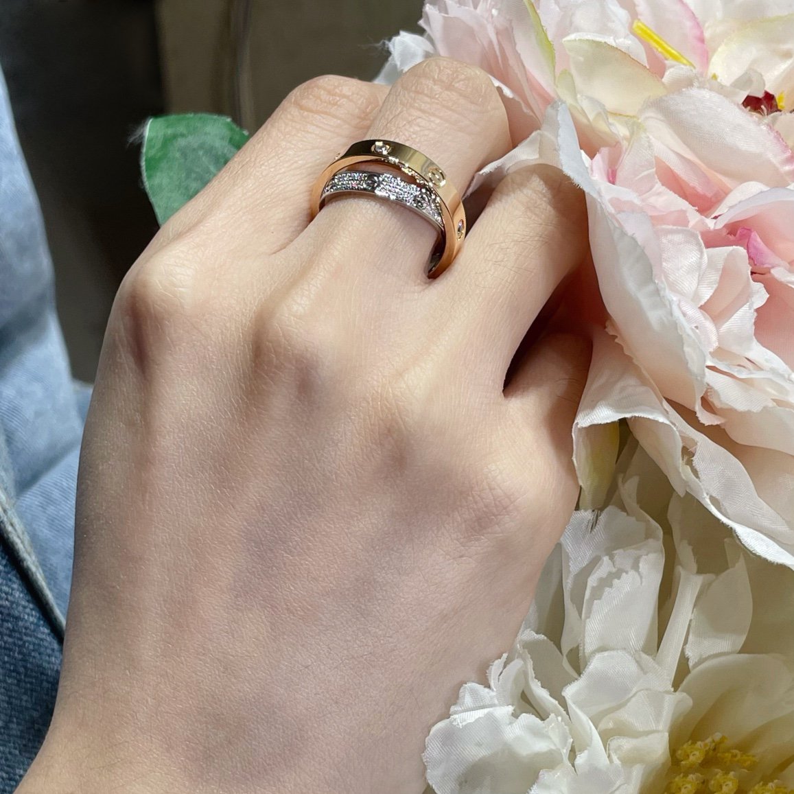 [Plus&Max]LOVE PINK GOLD SILVER DIAMOND DOUBLE RING