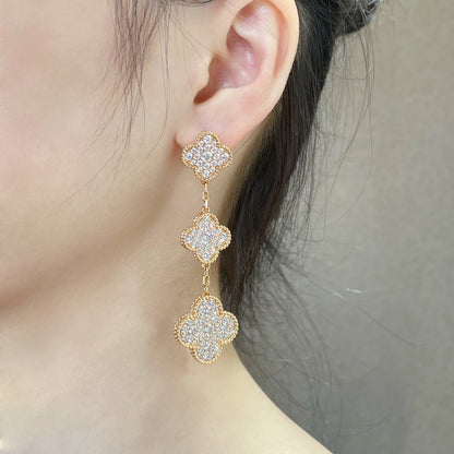 [Plus&Max]CLOVER 3 MOTIFS DIAMOND PAVED ROSE GOLD EARRINGS