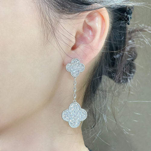 [Plus&Max]CLOVER 2 MOTIFS DIAMOND PAVED SILVER EARRINGS