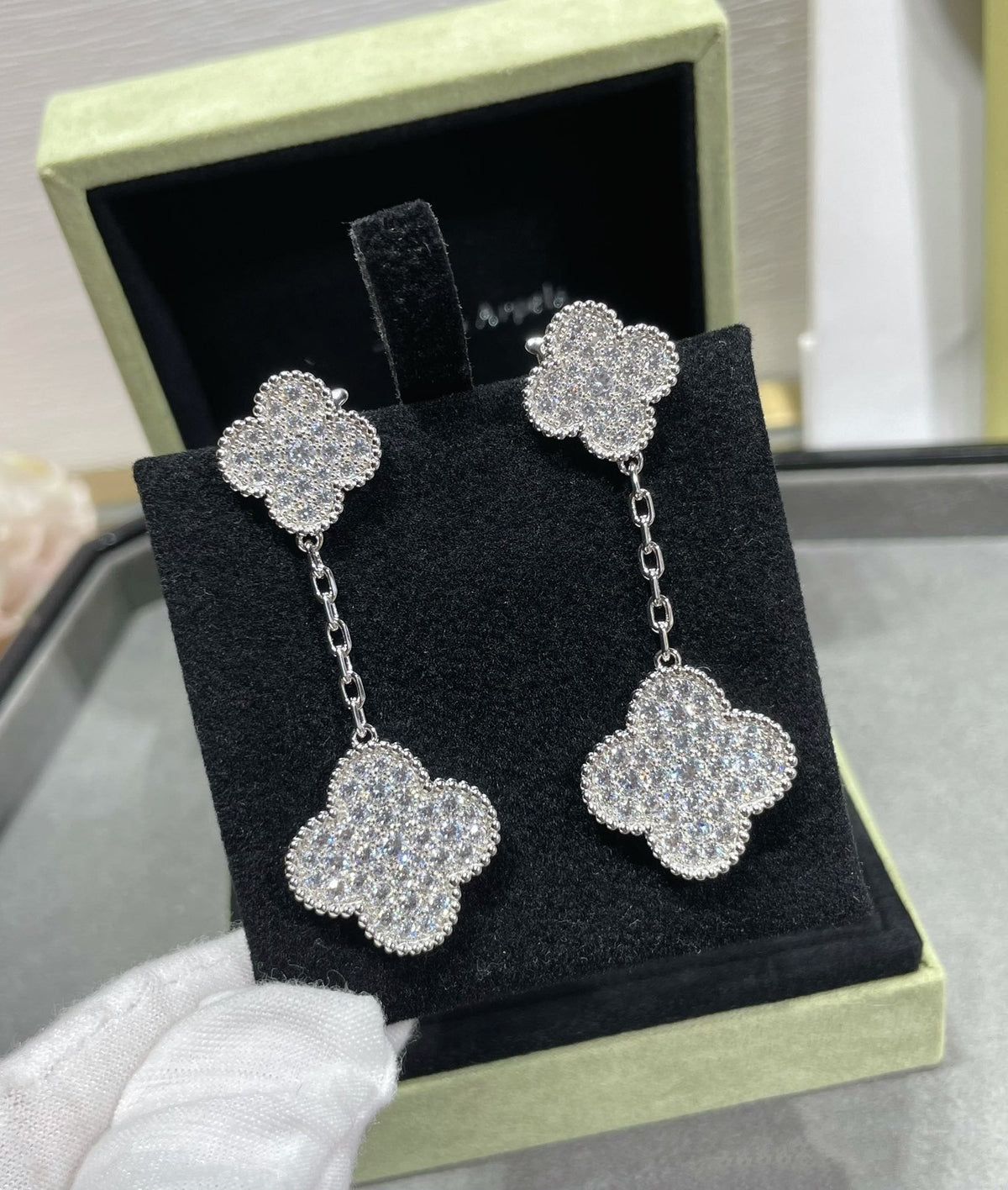 [Plus&Max]CLOVER 2 MOTIFS DIAMOND PAVED SILVER EARRINGS