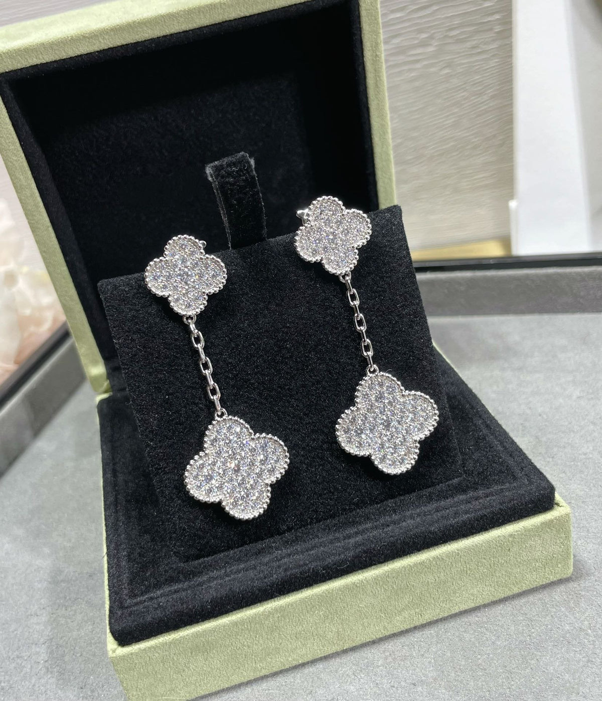 [Plus&Max]CLOVER 2 MOTIFS DIAMOND PAVED SILVER EARRINGS