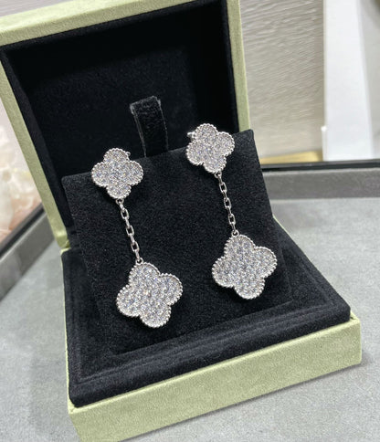 [Plus&Max]CLOVER 2 MOTIFS DIAMOND PAVED SILVER EARRINGS