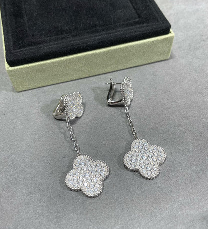 [Plus&Max]CLOVER 2 MOTIFS DIAMOND PAVED SILVER EARRINGS