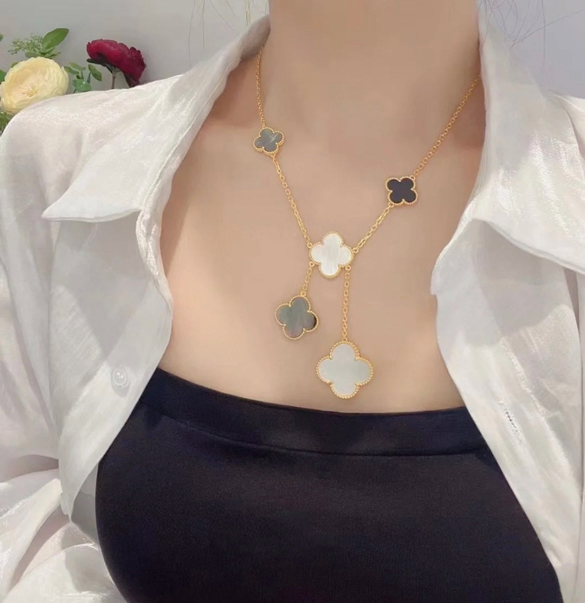 [Plus&Max]CLOVER 6 MOTIF MOP ONYX GOLD NECKLACE
