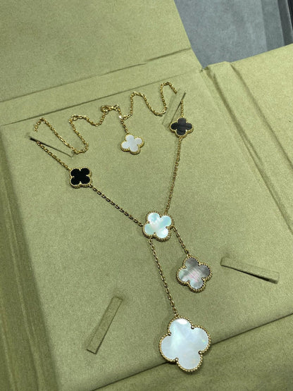 [Plus&Max]CLOVER 6 MOTIF MOP ONYX GOLD NECKLACE