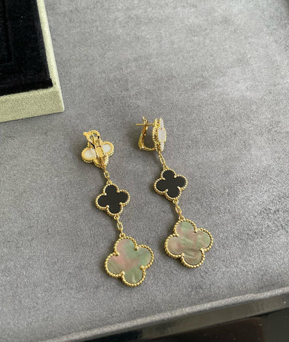 [Plus&Max]CLOVER 3 MOTIF MOP ONYX DARK MOP PINK GOLD EARRINGS