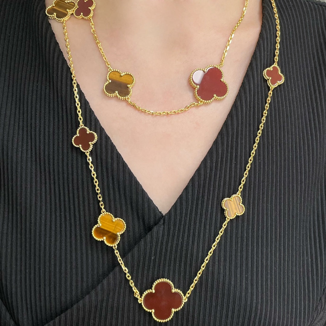 [Plus&Max]CLOVER 16 MOTIF CARNELIAN TIGER EYE ROSE GOLD NECKLACE