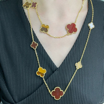 [Plus&Max]CLOVER 16 MOTIF CARNELIAN TIGER EYE ROSE GOLD NECKLACE