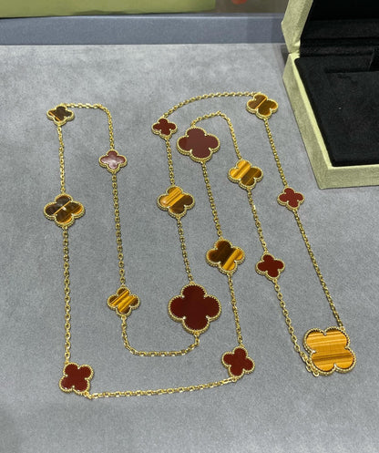 [Plus&Max]CLOVER 16 MOTIF CARNELIAN TIGER EYE ROSE GOLD NECKLACE
