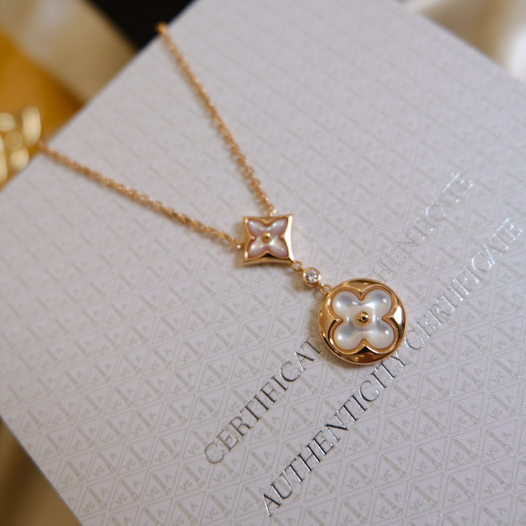 [Plus&Max]STAR AND SUN WHITE MOP 2 MOTIF PINK GOLD NECKLACE