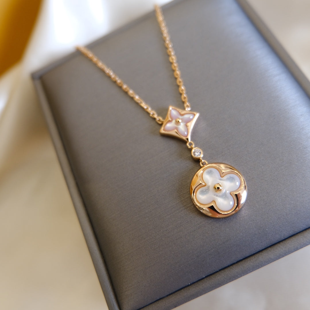 [Plus&Max]STAR AND SUN WHITE MOP 2 MOTIF PINK GOLD NECKLACE