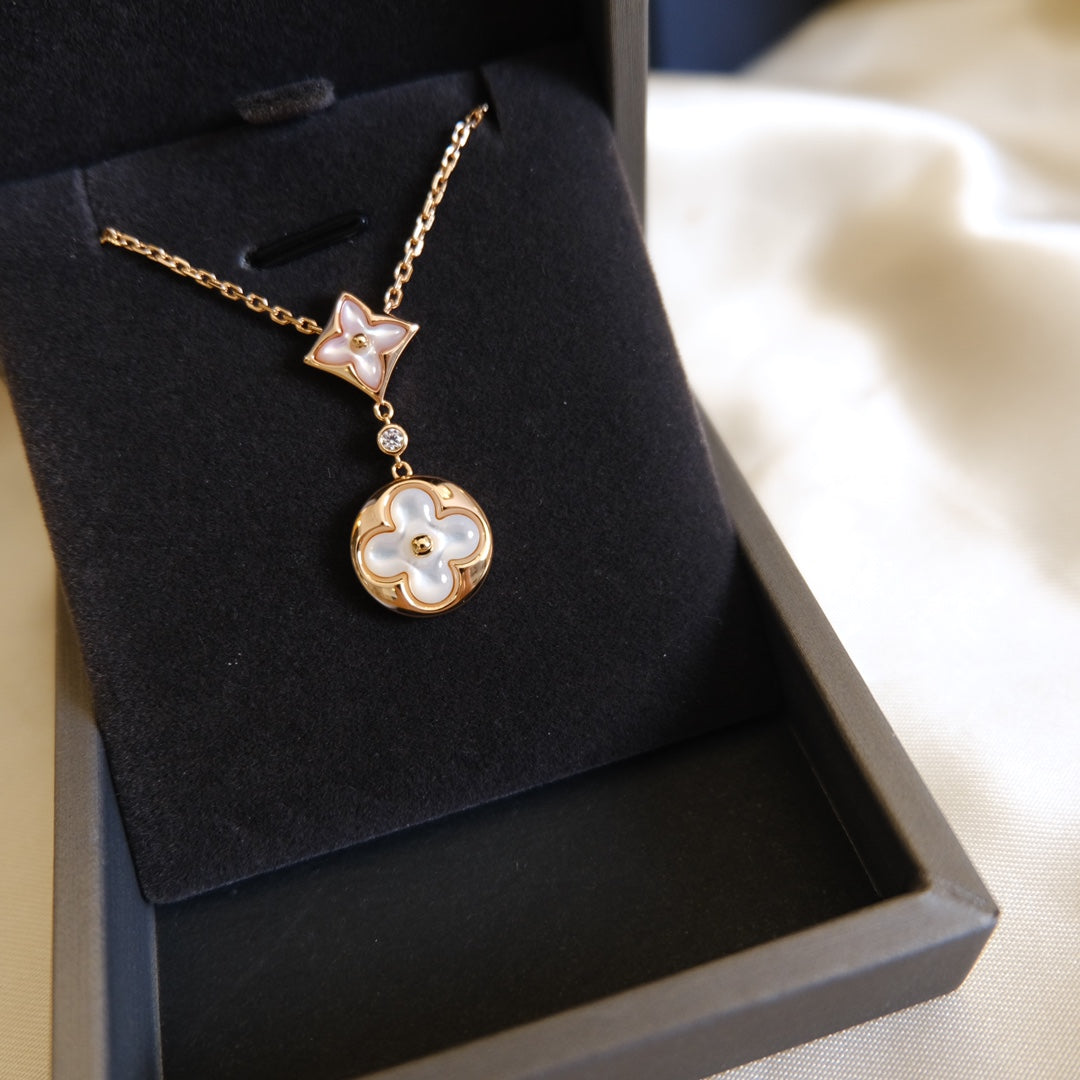 [Plus&Max]STAR AND SUN WHITE MOP 2 MOTIF PINK GOLD NECKLACE
