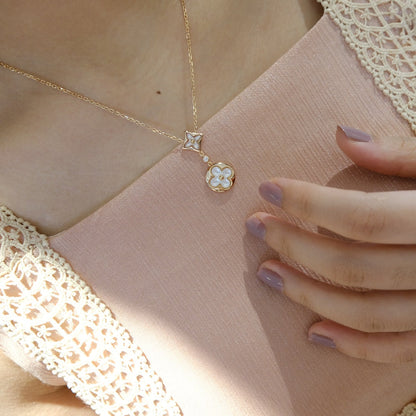 [Plus&Max]STAR AND SUN WHITE MOP 2 MOTIF PINK GOLD NECKLACE