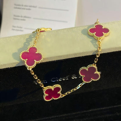 [Plus&Max]NEW CLOVER 5 MOTIFS PINK ENAMEL BRACELET