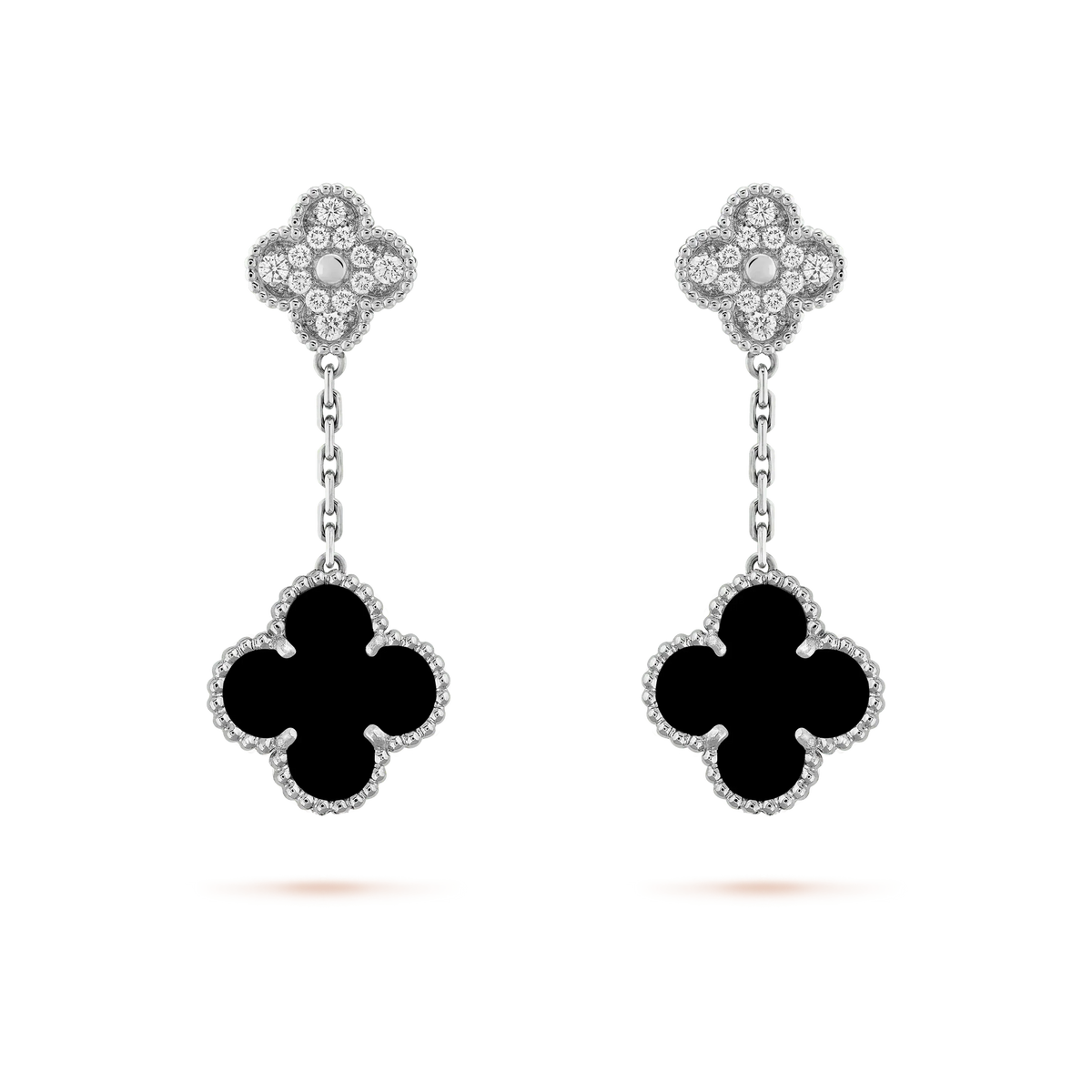 [Plus&Max]CLOVER 2 MOTIFS  DIAMOND ONYX EARRINGS SILVER