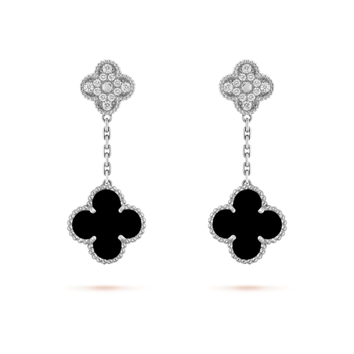 [Plus&Max]CLOVER 2 MOTIFS  DIAMOND ONYX EARRINGS SILVER