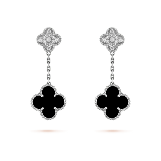 [Plus&Max]CLOVER 2 MOTIFS  DIAMOND ONYX EARRINGS SILVER