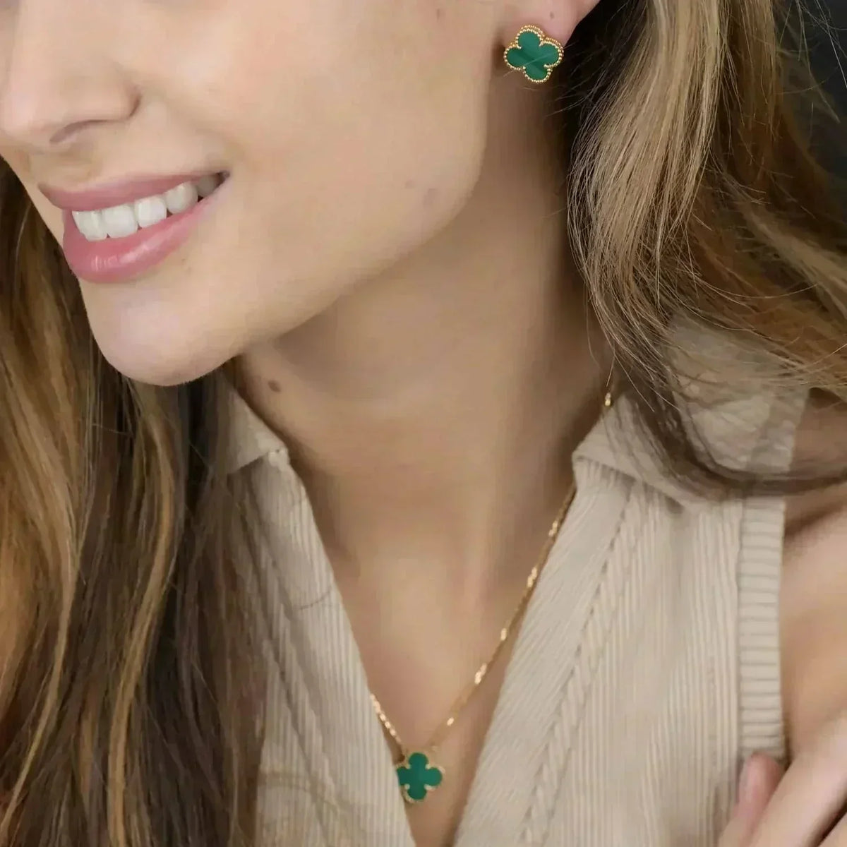 [Plus&Max]CLOVER MINI 9.5MM MALACHITE  EARRINGS