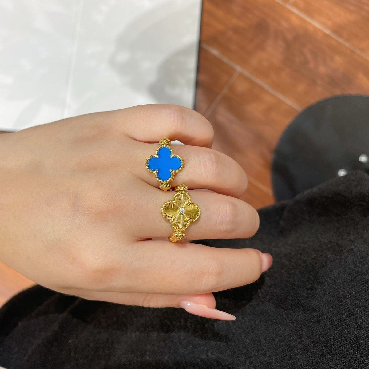 [Plus&Max]CLOVER RIVERSIBLE BLUE AGATE RING