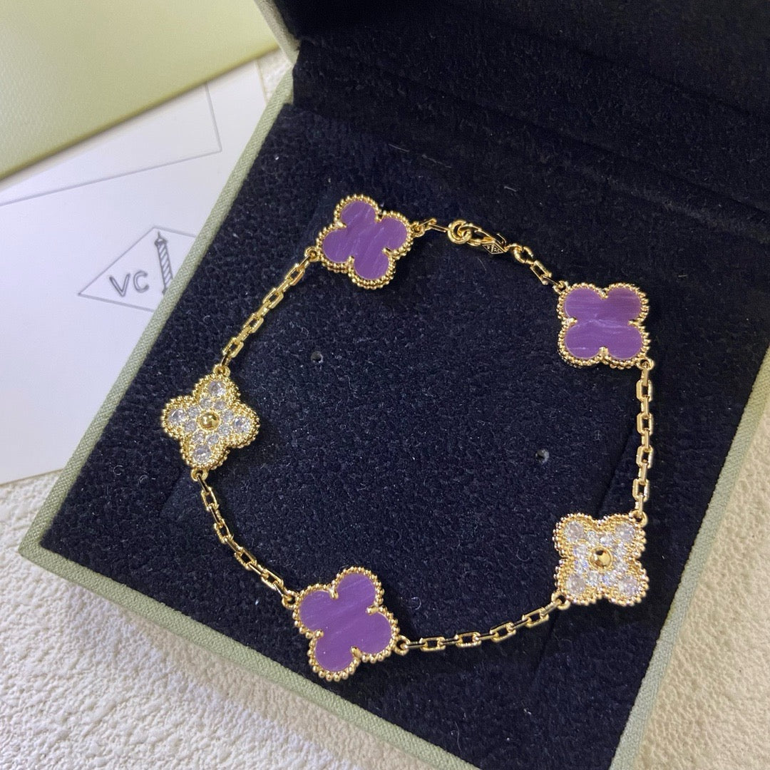 [Plus&Max]CLOVER  5 MOTIFS  PURPLE VIOLET DIAMOND BRACELET