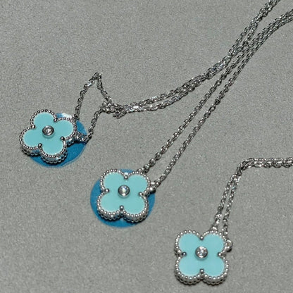 [Plus&Max]CLOVER 1 DIAMOND LIGHT BLUE SILVER NECKLACE