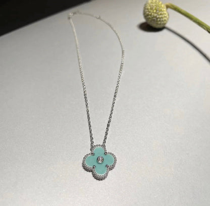 [Plus&Max]CLOVER 1 DIAMOND LIGHT BLUE SILVER NECKLACE