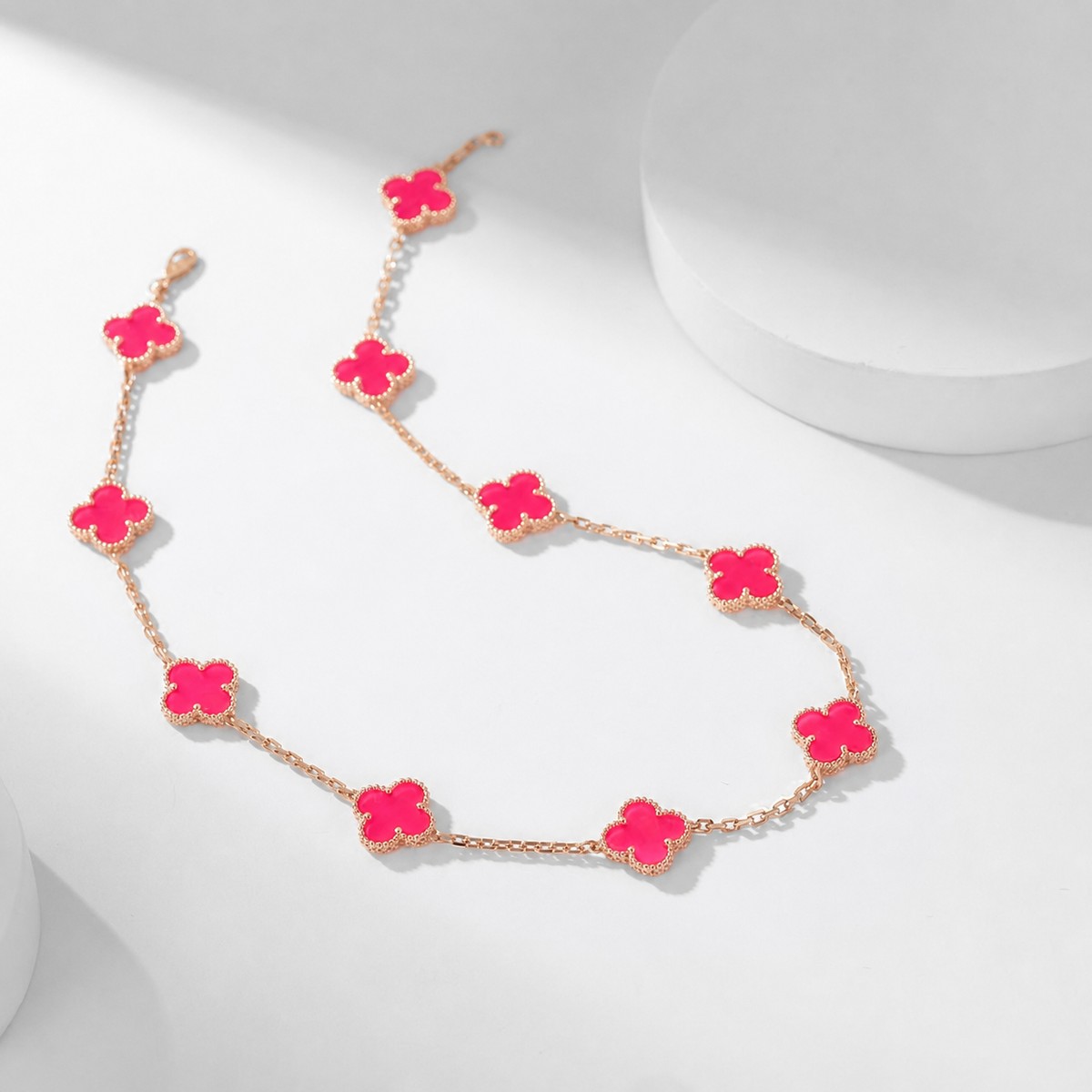 [Plus&Max]NEW CLOVER 10 MOTIFS PINK ENAMEL NECKLACE