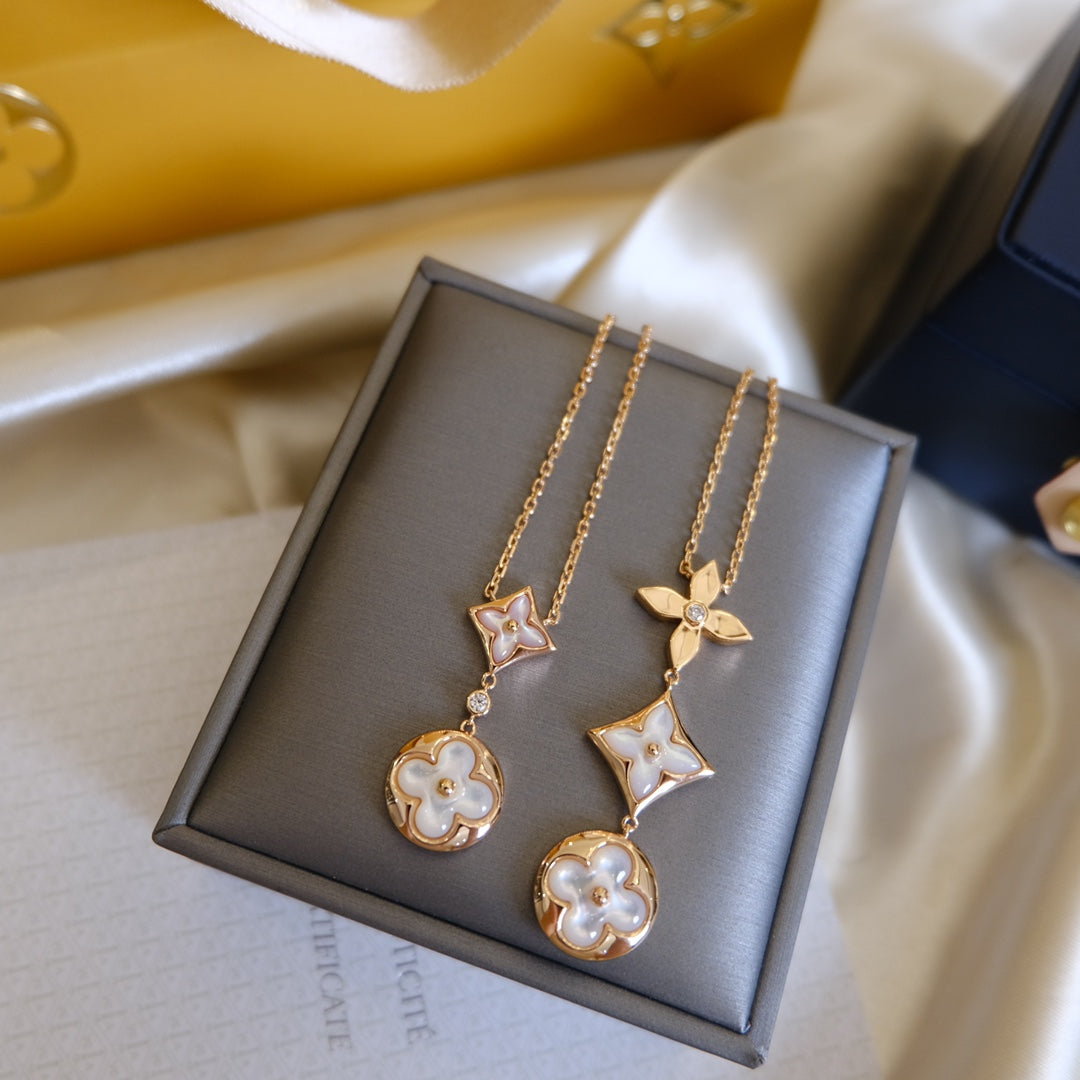 [Plus&Max]COLOR BLOSSOM LARIAT NECKLACE PINK GOLD WHITE MOTHER PEARL AND DIAMOND