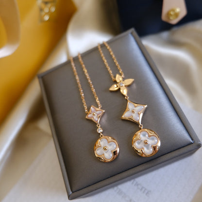 [Plus&Max]COLOR BLOSSOM LARIAT NECKLACE PINK GOLD WHITE MOTHER PEARL AND DIAMOND