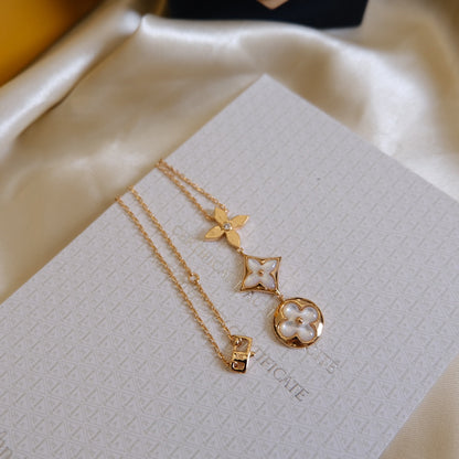 [Plus&Max]COLOR BLOSSOM LARIAT NECKLACE PINK GOLD WHITE MOTHER PEARL AND DIAMOND