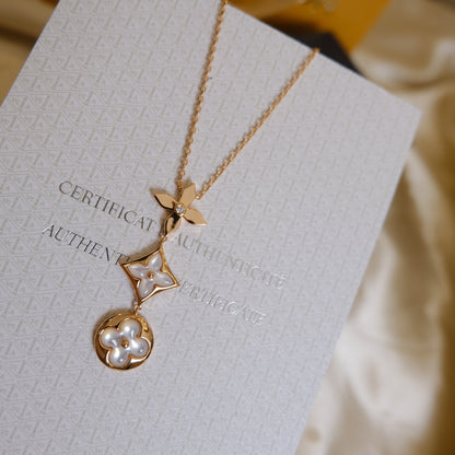 [Plus&Max]COLOR BLOSSOM LARIAT NECKLACE PINK GOLD WHITE MOTHER PEARL AND DIAMOND