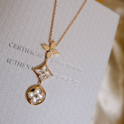 [Plus&Max]COLOR BLOSSOM LARIAT NECKLACE PINK GOLD WHITE MOTHER PEARL AND DIAMOND