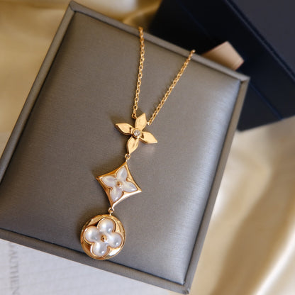 [Plus&Max]COLOR BLOSSOM LARIAT NECKLACE PINK GOLD WHITE MOTHER PEARL AND DIAMOND