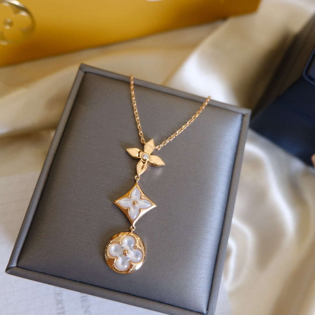 [Plus&Max]COLOR BLOSSOM LARIAT NECKLACE PINK GOLD WHITE MOTHER PEARL AND DIAMOND
