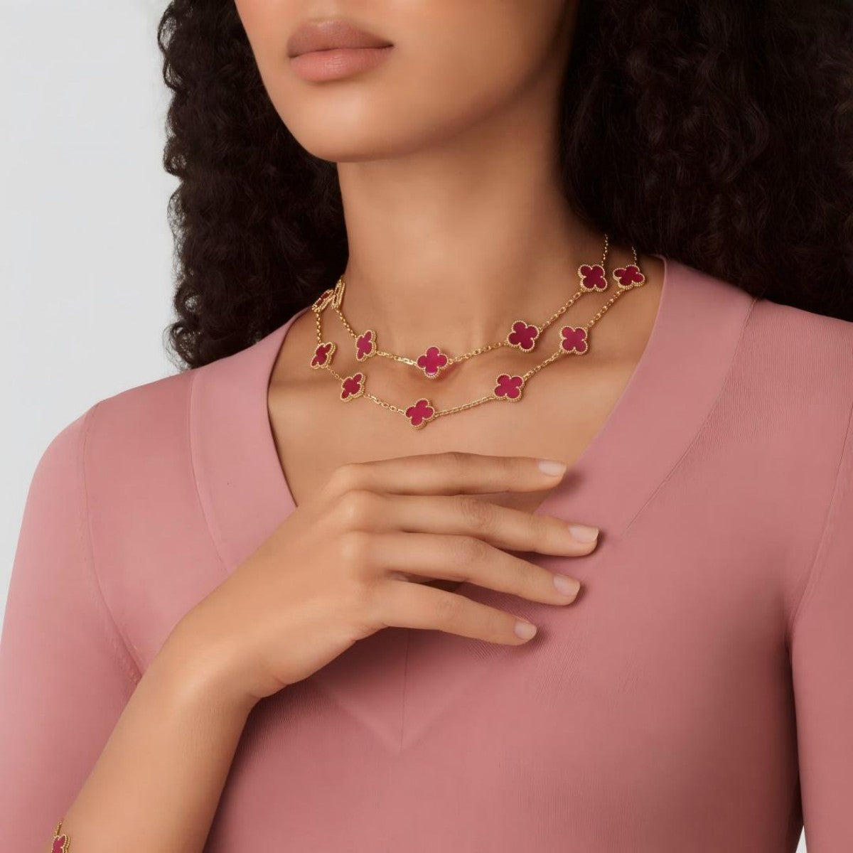 [Plus&Max] NEW CLOVER 20 MOTIFS PINK ENAMEL NECKLACE