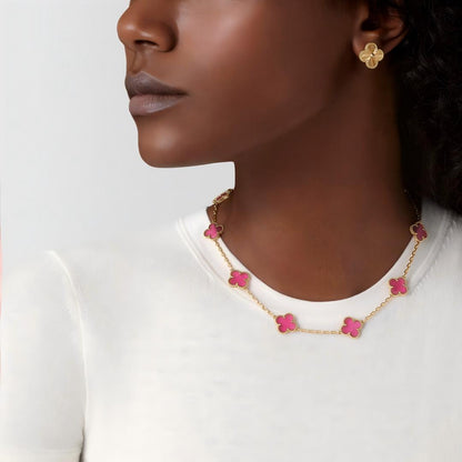 [Plus&Max]NEW CLOVER 10 MOTIFS PINK ENAMEL NECKLACE